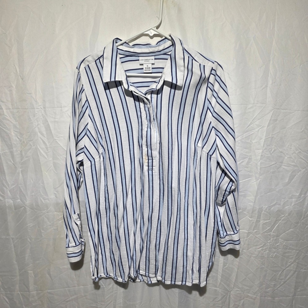 Liz Claiborne Woman Blue White Striped Pullover Shirt 1X Cotton Rayon Top